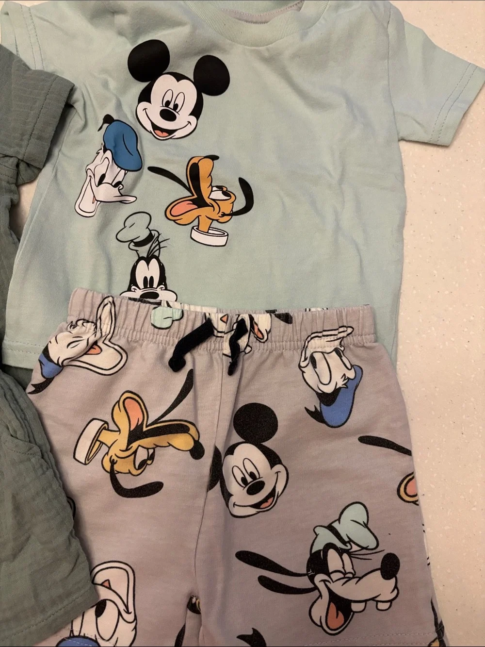 3 sets-Green Button-Up Shirt & Shorts Set, Mickey Set and Blue Stripe/Jean